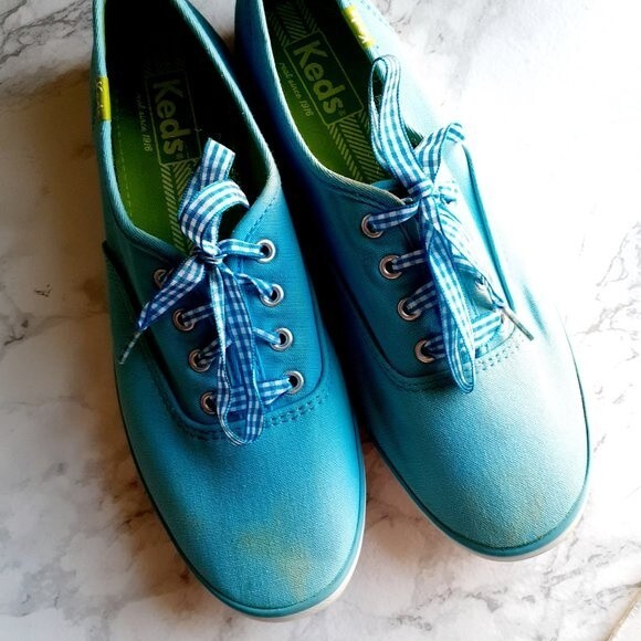 Keds Aqua Blue  Ladies Gingham Laces Canvas Low Top Sneaker Shoes Size 7.5 - Picture 4 of 14